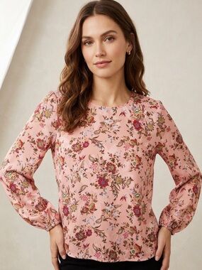 Ann Taylor LOFT Pink Floral Textured Blouse Cottagecore Boho Long Sleeve Top L